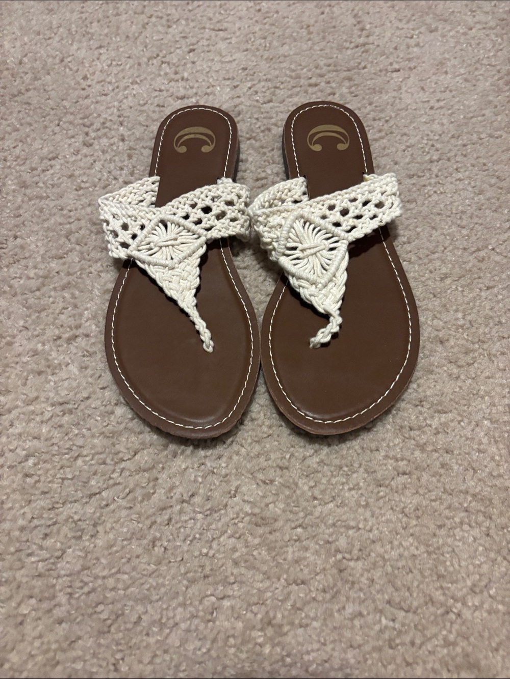 Charming Charlie Cream Crochet Thong Sandals with Brown Footbed